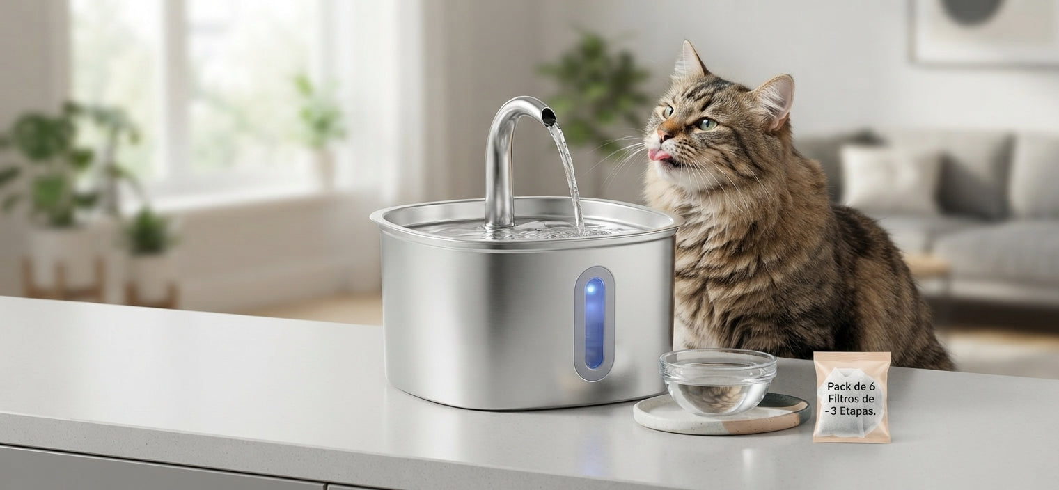 Fuente de Agua Automática de Acero Inoxidable para Gatos - Silenciosa y con Ventana de Nivel